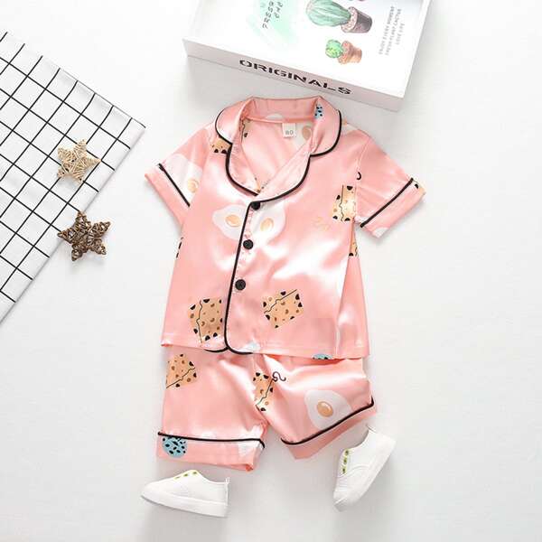 

Toddler Girls Satin Food Print Top With Shorts, Pink
