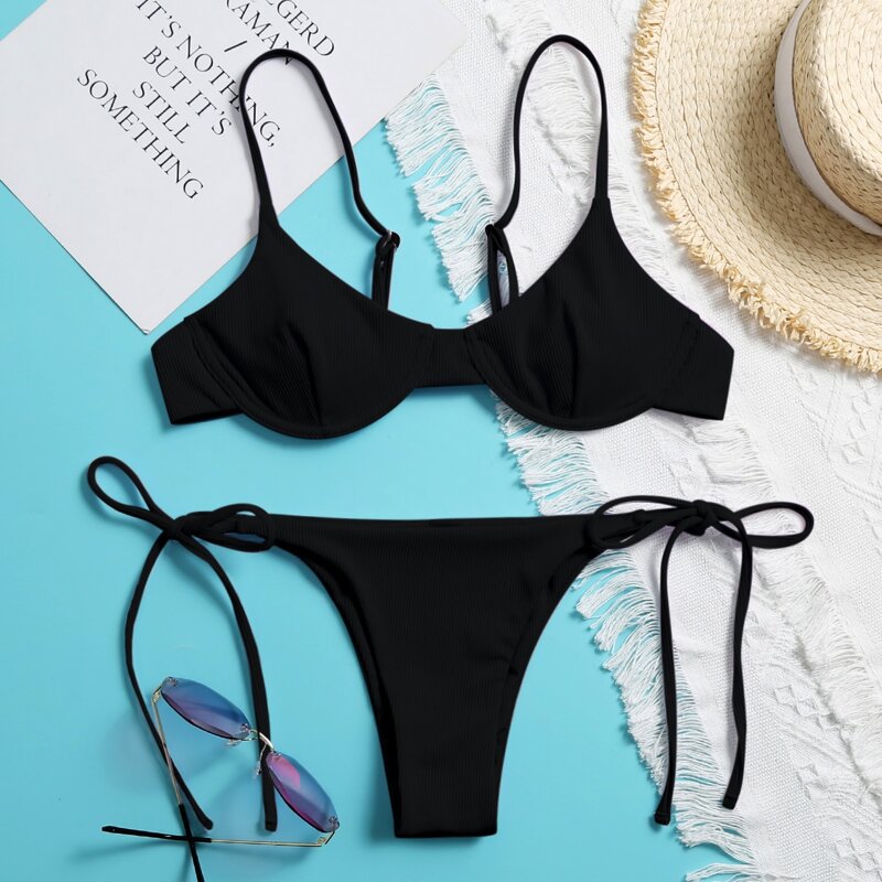 

Rib Underwire Tie Side Bikini Swimsuit, Black