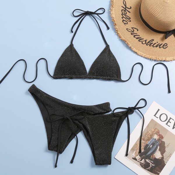 

3pack Glitter Triangle Tie Side Bikini Swimsuit, Black