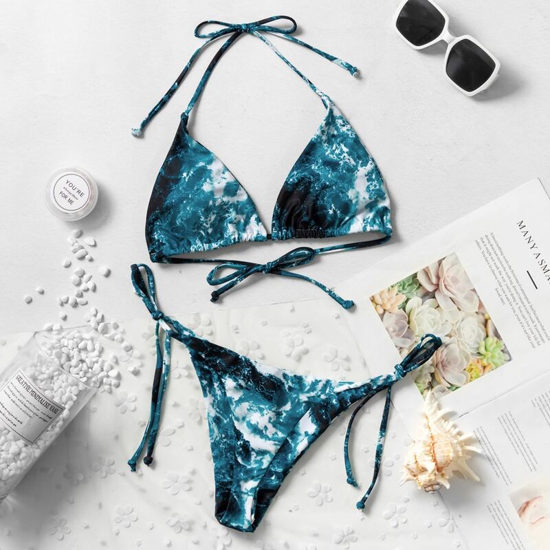 

Sea Wave Print Triangle Tie Side Bikini Swimsuit, Multicolor