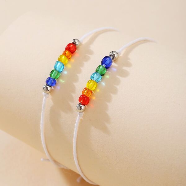 

2pcs Colorful Bead String Bracelet, Multicolor