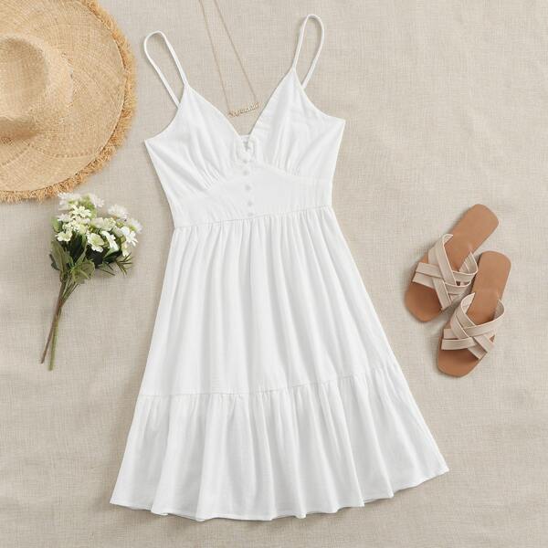 

Button Front Ruffle Hem Cami Dress, White