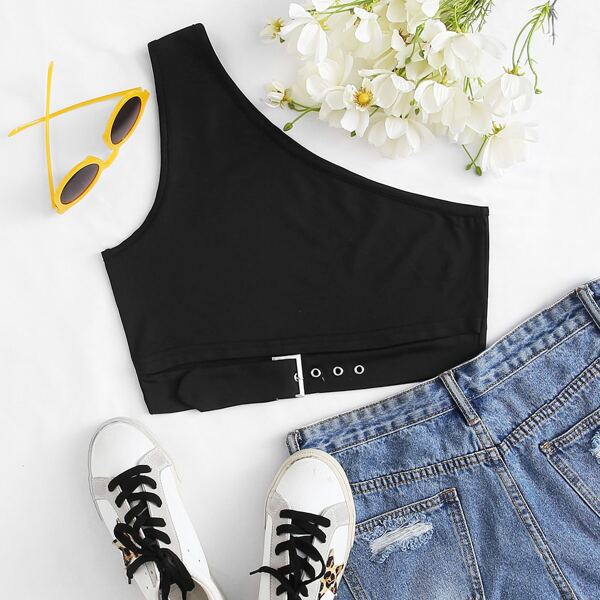 

One Shoulder Buckle Crop Top, Black