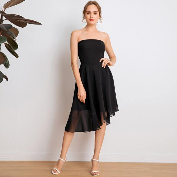 

Asymmetrical Hem Chiffon Tube Dress, Black