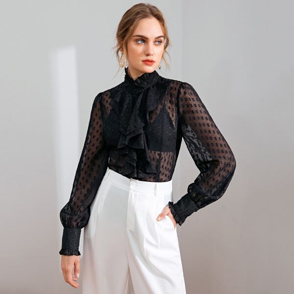 

Frilled Neck and Cuff Sheer Applique Jabot Blouse Without Bra, Black