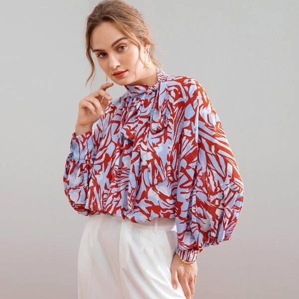 

Tie Neck Lantern Sleeve Oversized Top, Multicolor