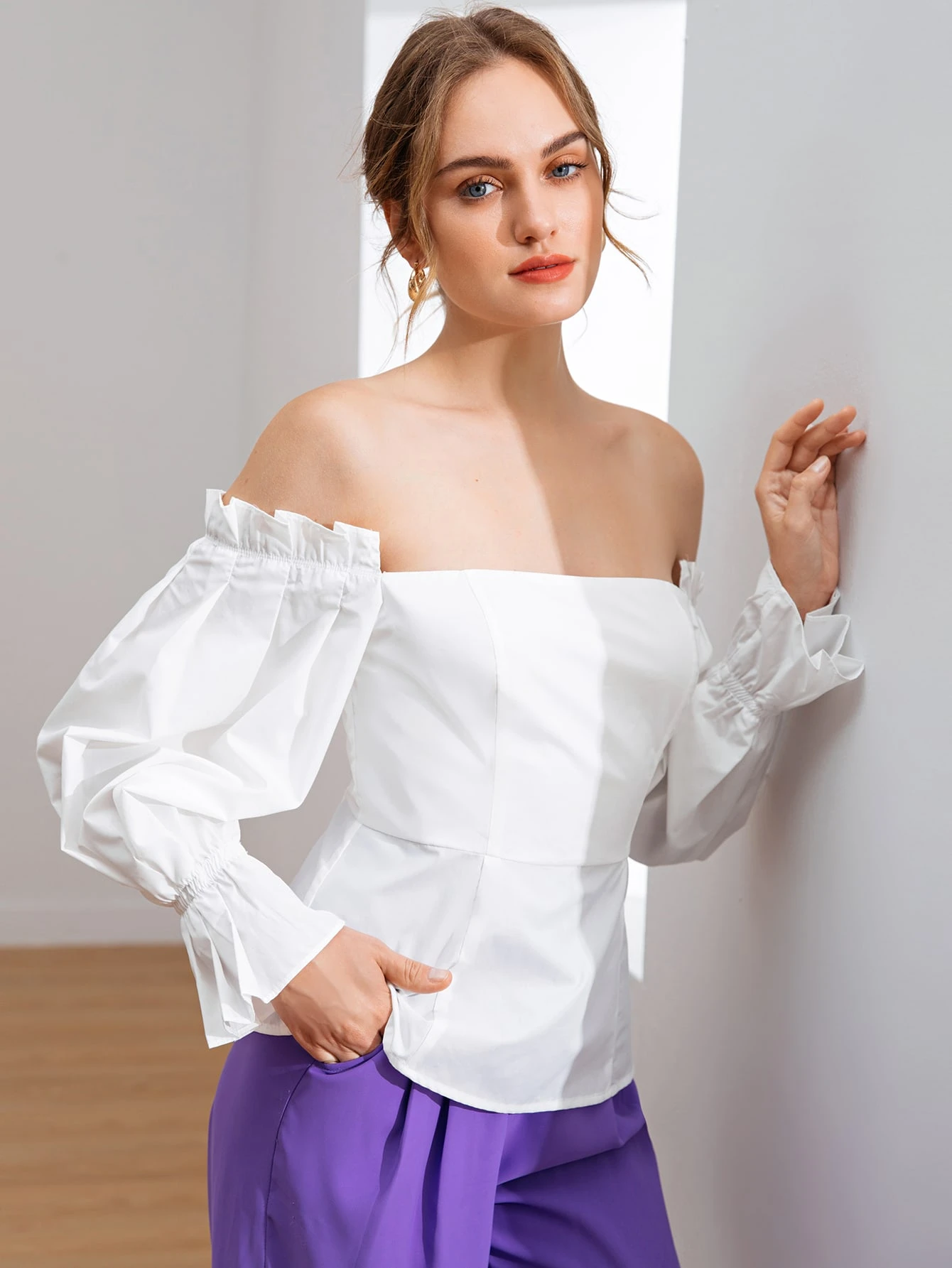 off shoulder frill trim pleated top