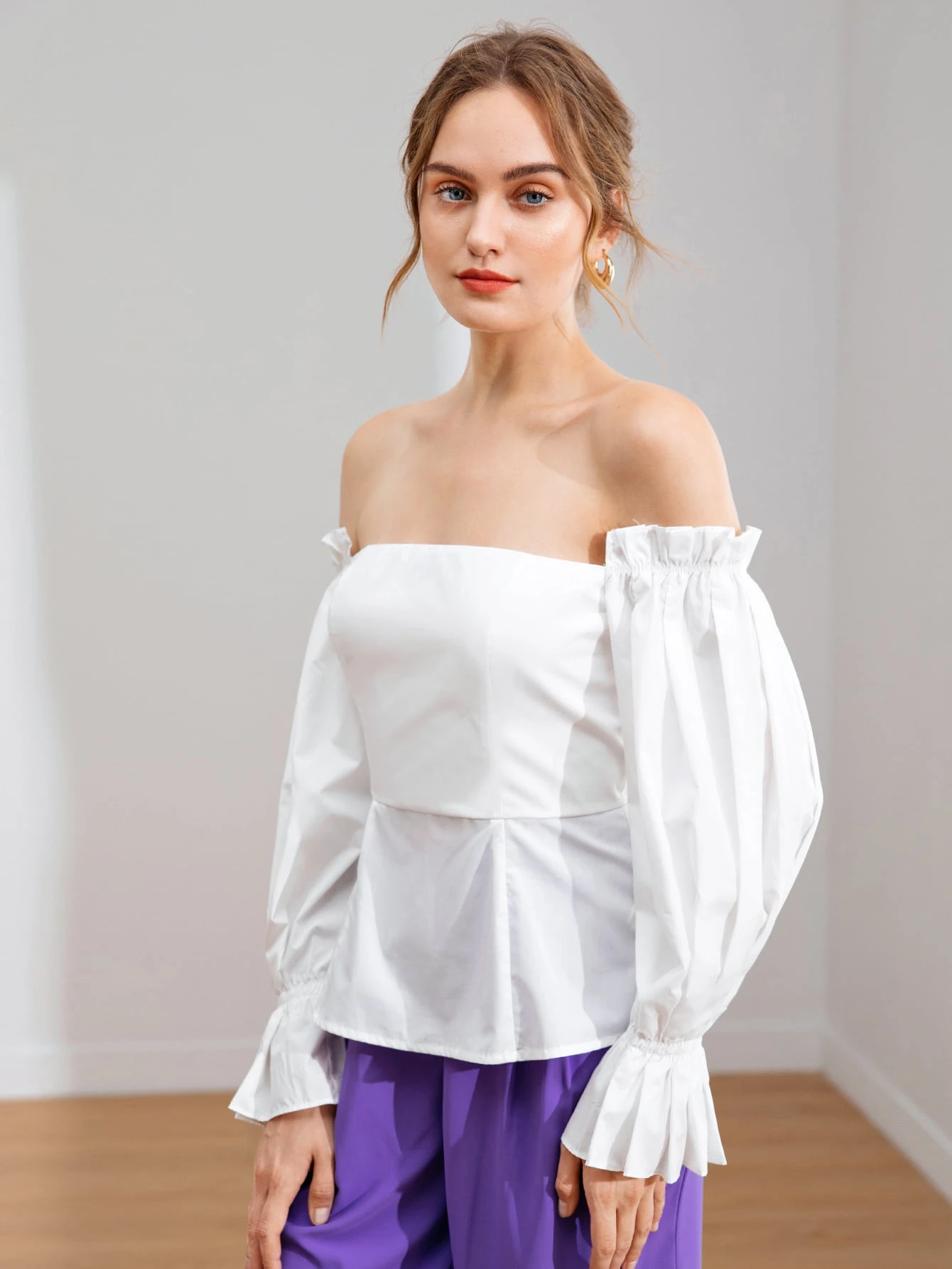 off shoulder frill trim pleated top