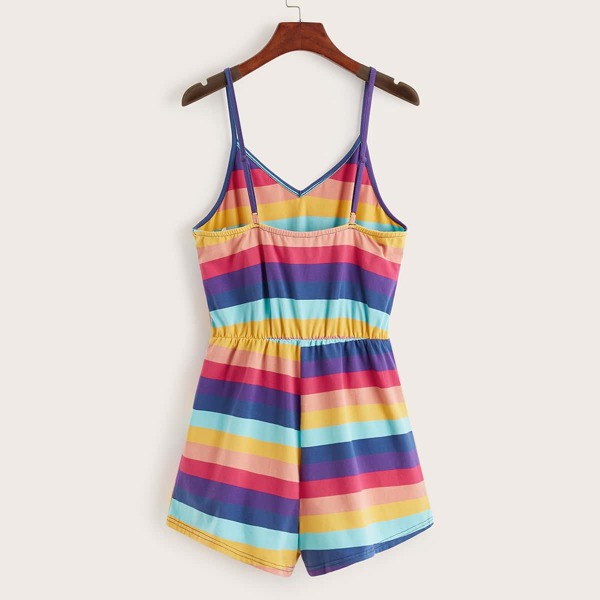 

Tie Front Rainbow Striped Cami Romper, Multicolor