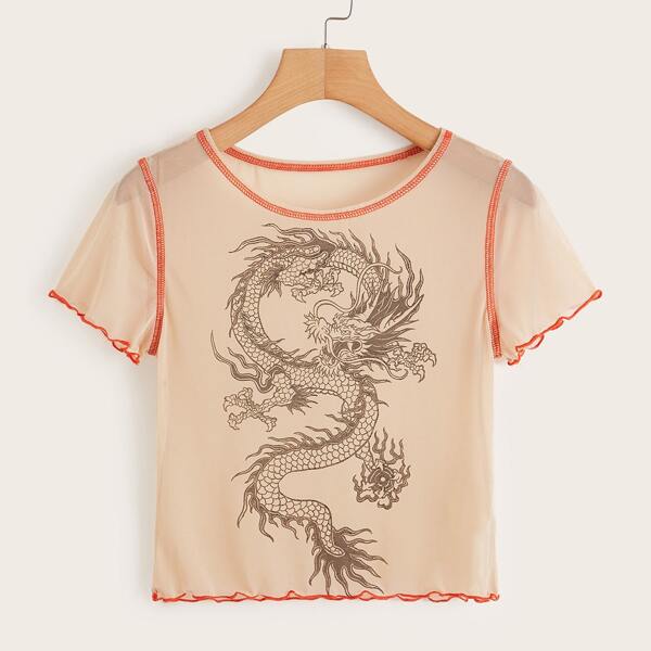

Contrast Stitch Dragon Mesh Crop Top, Beige