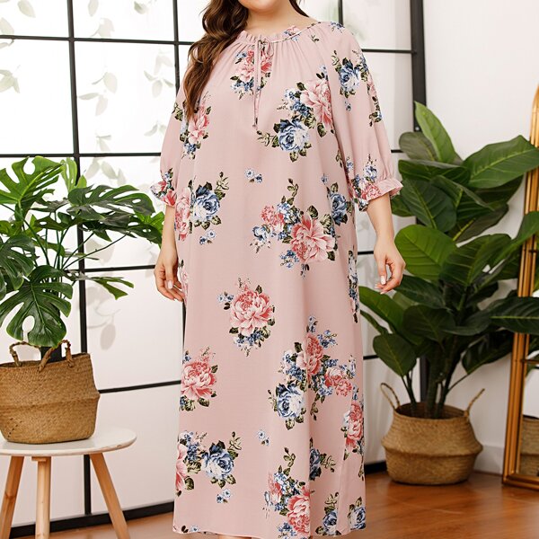 

Plus Floral Print Knot Front Nightdress, Pastel baby pink