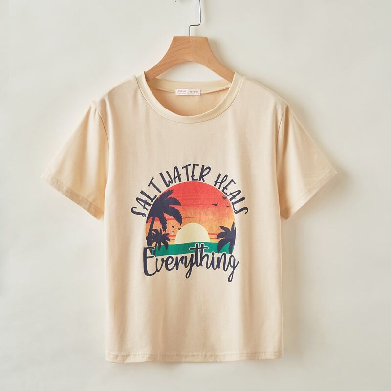 

Tropical & Letter Graphic Tee, Apricot