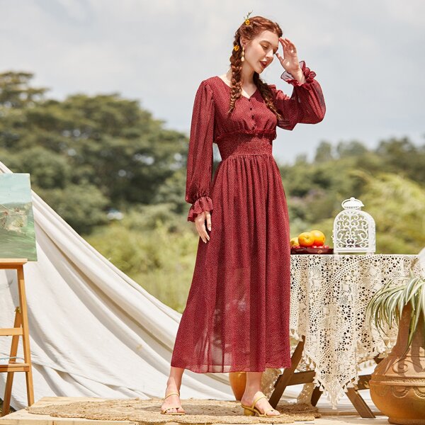 

Button Front Wide Shirred Waistband Polka Dot Dress, Burgundy