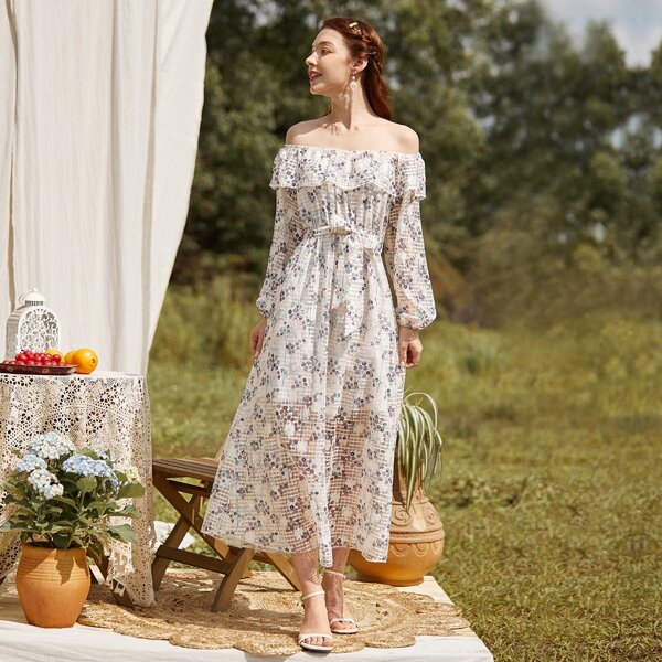 

Ditsy Floral And Plaid Print Ruffle Trim Bardot Dress With Belt, Multicolor