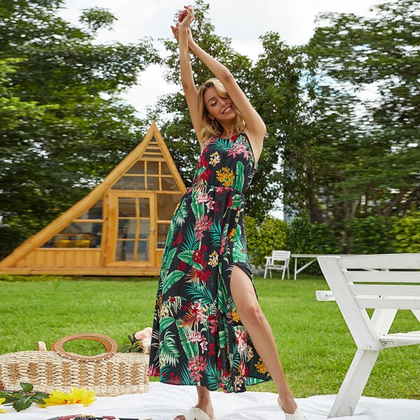 

Floral And Tropical Print Split Thigh Dress, Multicolor