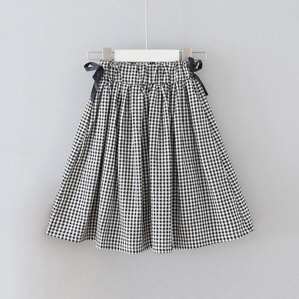 

Toddler Girls Gingham Bow Front Flared Skirt, Black and white