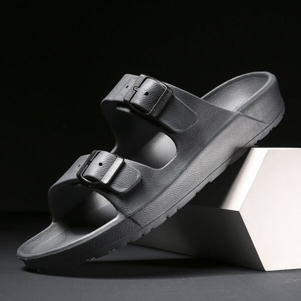 

Men Double Buckle Decor Slides, Grey