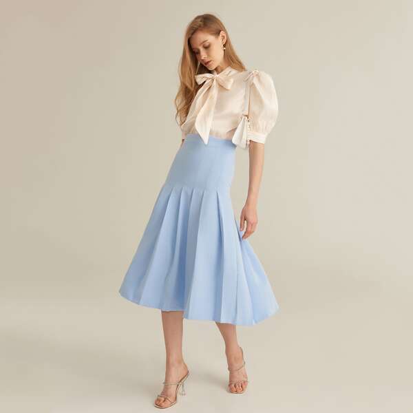 

PREMIUM High Waist Solid Pleated Skirt, Pastel baby blue