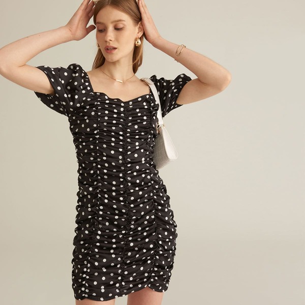 

PREMIUM Square Neck Puff Sleeve Polka Dot Ruched Dress, Black
