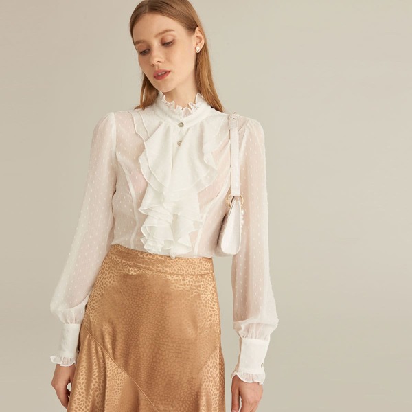 

Sheer Swiss Dot Jabot Blouse Without Bra, White