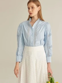SHEIN 紐扣網眼蕾絲拼接襯衫 - 淺藍色 - 查看 1
