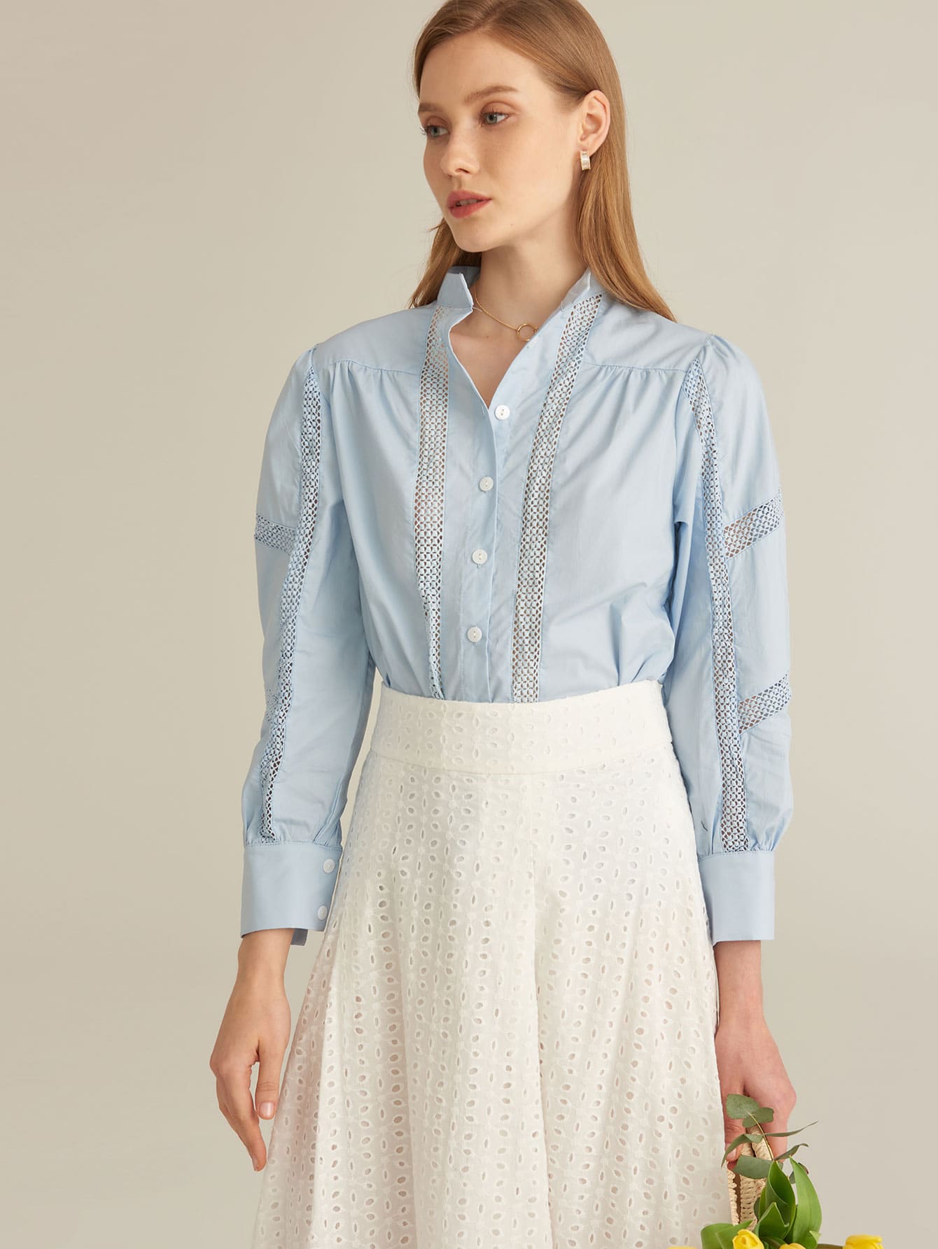 SHEIN 紐扣網眼蕾絲拼接襯衫 - 淺藍色 - 查看 1