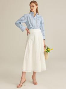 SHEIN 紐扣網眼蕾絲拼接襯衫 - 淺藍色 - 查看 4