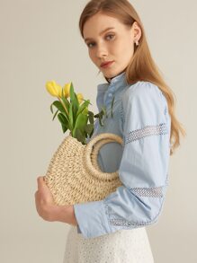 SHEIN 紐扣網眼蕾絲拼接襯衫 - 淺藍色 - 查看 5