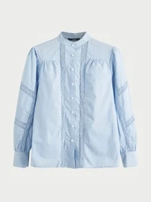 SHEIN 紐扣網眼蕾絲拼接襯衫 - 淺藍色 - 查看 6