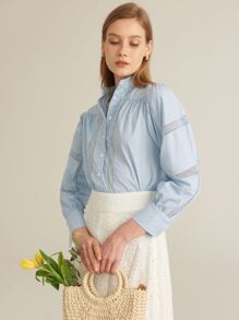 SHEIN 紐扣網眼蕾絲拼接襯衫 - 淺藍色 - 查看 7