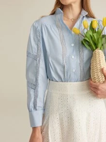 SHEIN 紐扣網眼蕾絲拼接襯衫 - 淺藍色 - 查看 9