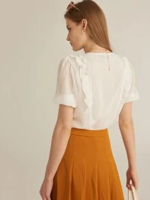 SHEIN Camisa ribete fruncido de manga farol - Blanco - Ver 2