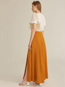 SHEIN Camisa ribete fruncido de manga farol - Blanco - Ver 5