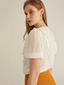 SHEIN Camisa ribete fruncido de manga farol - Blanco - Ver 7