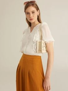 SHEIN Camisa ribete fruncido de manga farol - Blanco - Ver 8