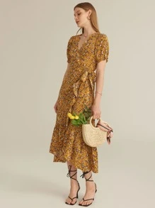 SHEIN Puff Sleeve Ditsy Floral Knot Side Ruffle Trim Wrap Dress - Mustard Yellow - View 1