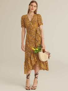 SHEIN Puff Sleeve Ditsy Floral Knot Side Ruffle Trim Wrap Dress - Mustard Yellow - View 3