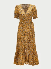 SHEIN Puff Sleeve Ditsy Floral Knot Side Ruffle Trim Wrap Dress - Mustard Yellow - View 4