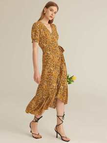 SHEIN Puff Sleeve Ditsy Floral Knot Side Ruffle Trim Wrap Dress - Mustard Yellow - View 5
