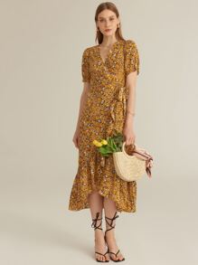 SHEIN Puff Sleeve Ditsy Floral Knot Side Ruffle Trim Wrap Dress - Mustard Yellow - View 6