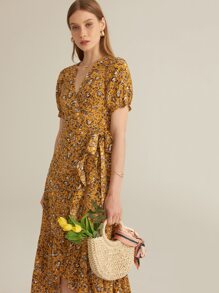 SHEIN Puff Sleeve Ditsy Floral Knot Side Ruffle Trim Wrap Dress - Mustard Yellow - View 7
