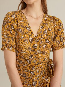 SHEIN Puff Sleeve Ditsy Floral Knot Side Ruffle Trim Wrap Dress - Mustard Yellow - View 9