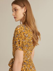 SHEIN Puff Sleeve Ditsy Floral Knot Side Ruffle Trim Wrap Dress - Mustard Yellow - View 10
