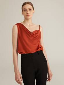 SHEIN Asymmetrical Neck Satin Top - Burnt Orange - View 6