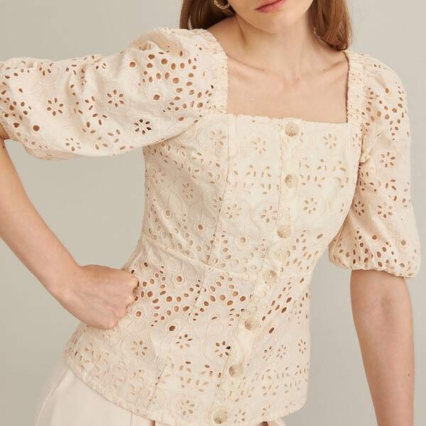 

COTTON EYELET EMBROIDERED SQUARE NECK BLOUSE, Beige