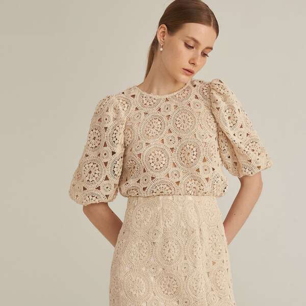 

CROCHET KNIT PLUMETI SLEEVE TOP, Khaki