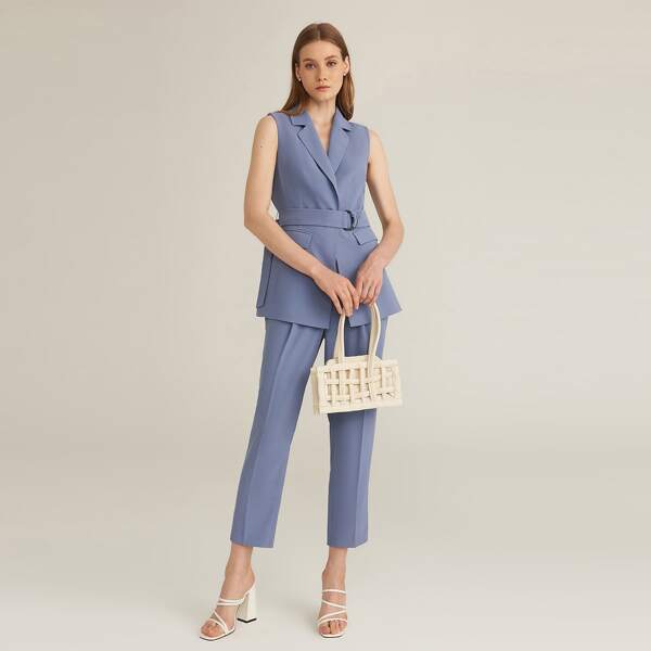 

D-RING BELTED BLAZER VEST & TAILORED PANTS SET, Dusty blue
