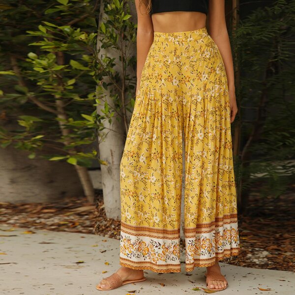 

Wide Leg Floral and Tribal Print Pleated Pants, Yellow