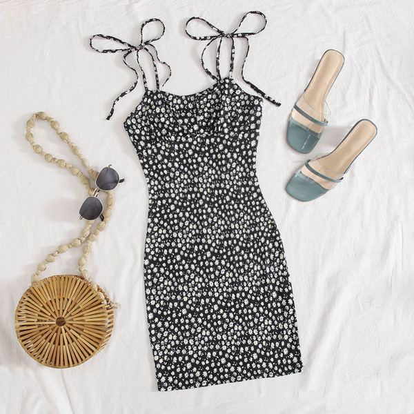 

Tie Shoulder Ditsy Floral Bodycon Dress, Black