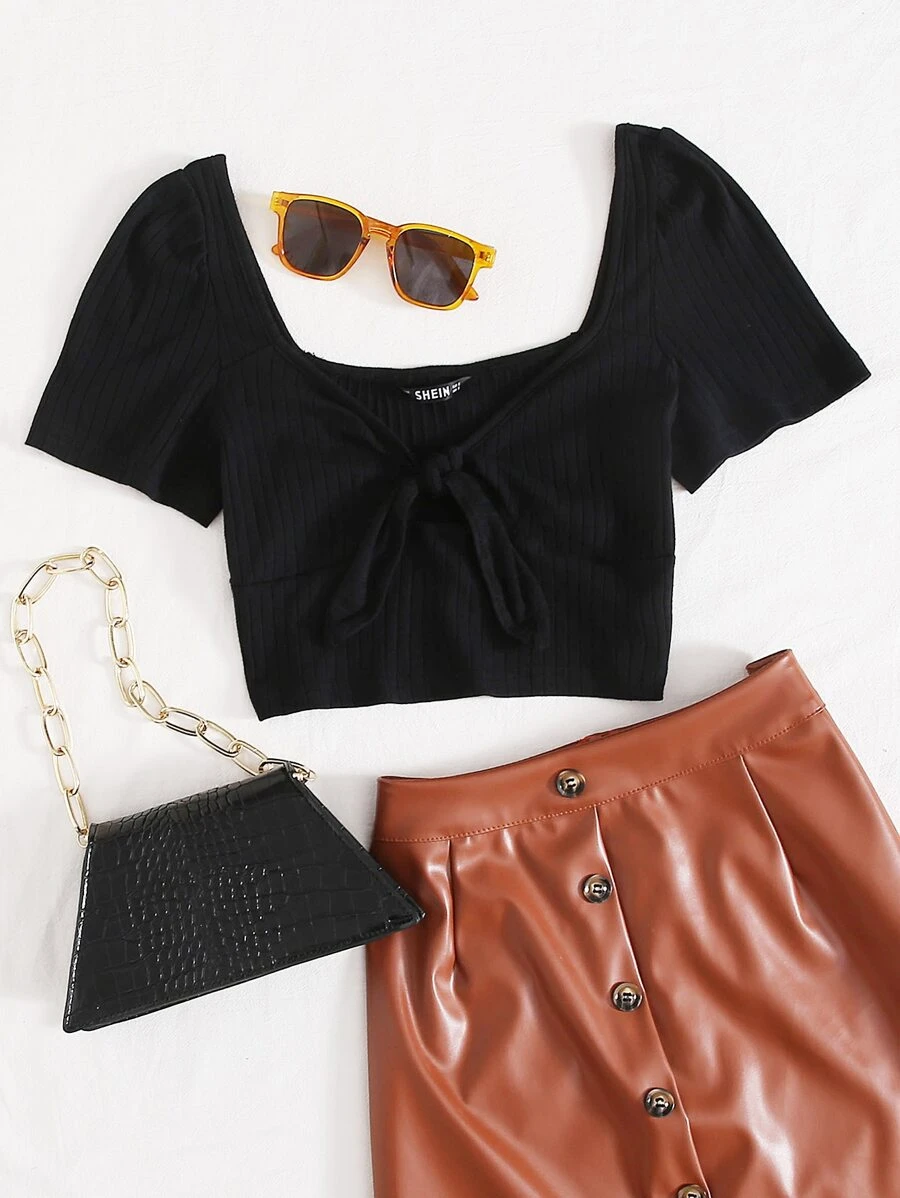SHEIN Qutie Tie Front Rib-knit Crop Top - Black - View 1
